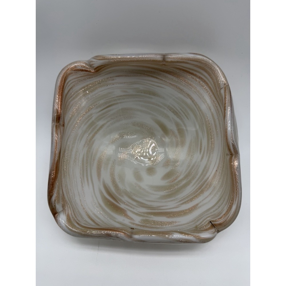 Vintage Murano Glass White & Copper Shimmering Swirl Speckle Candy Trinket Dish
